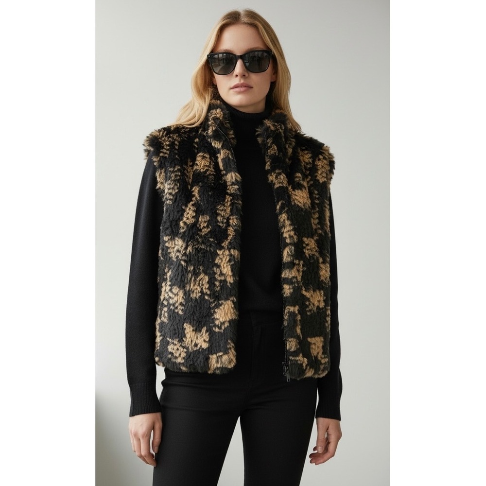 EXCLUSIF Rabbit Fur Leopard Print Large Vest Women Black Tan Zip Front